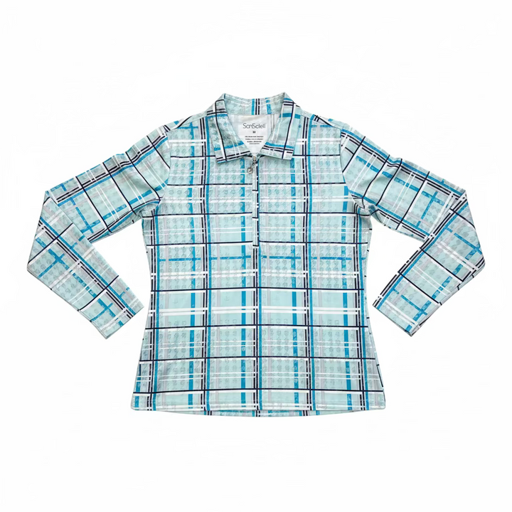 SanSoleil Womens Long Sleeve Pattern Print Zip Polo - Aqua/White