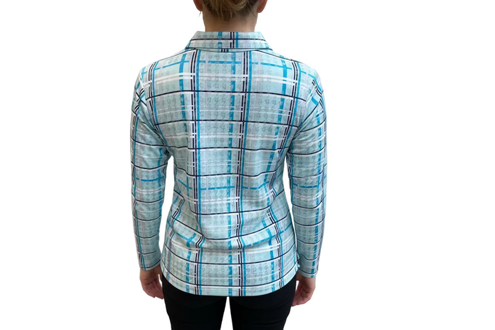 SanSoleil Womens Long Sleeve Pattern Print Zip Polo - Aqua/White