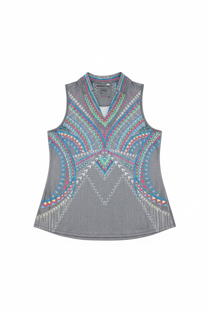 Lucky in Love Womens Chi Chi Desert Vibes Sleeveless V-Neck Top - Grey/Multi