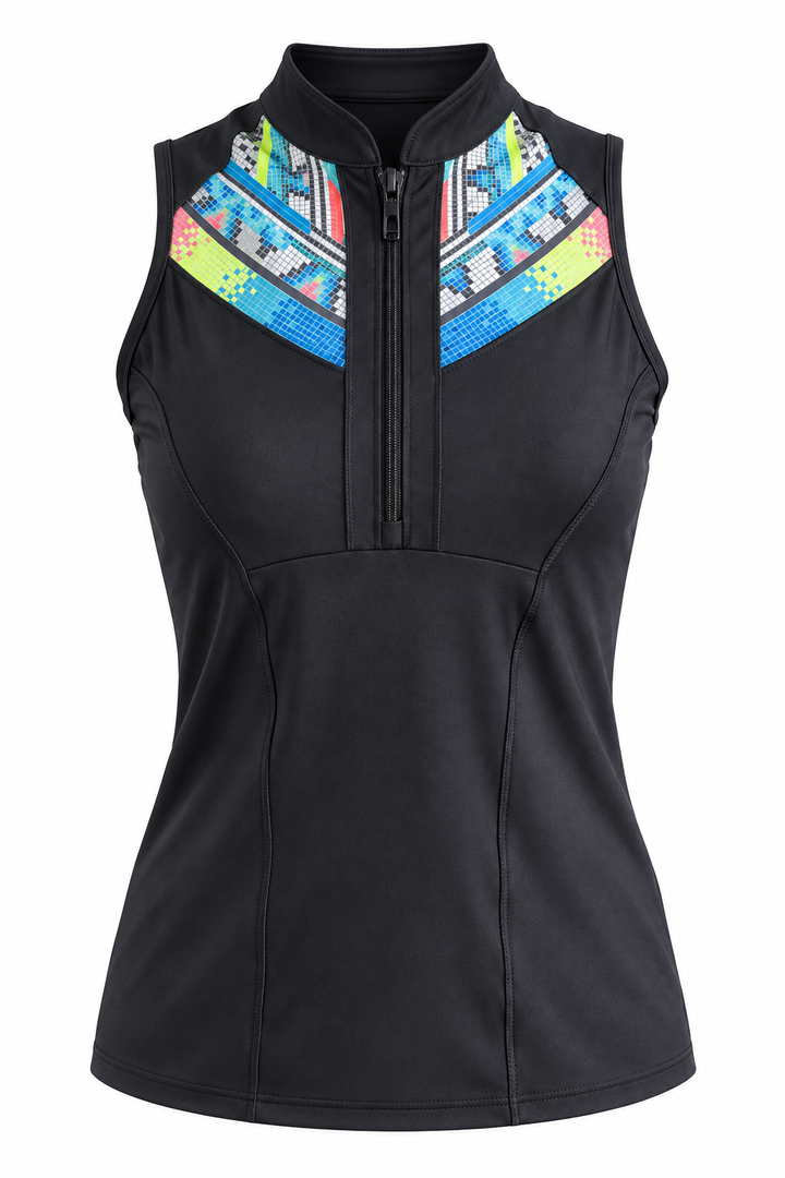 Lucky in Love Womens Textiles Sleeveless Zip Mock - Black/Multi