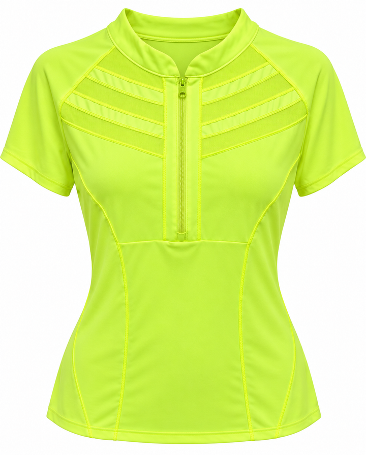 Lucky in Love Womens Short Sleeve Zip Mock - Neon Yellow