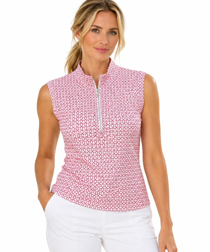 GGBlue Womens Sleeveless Tess Pattern Print Zip Mock - Mod Cherry