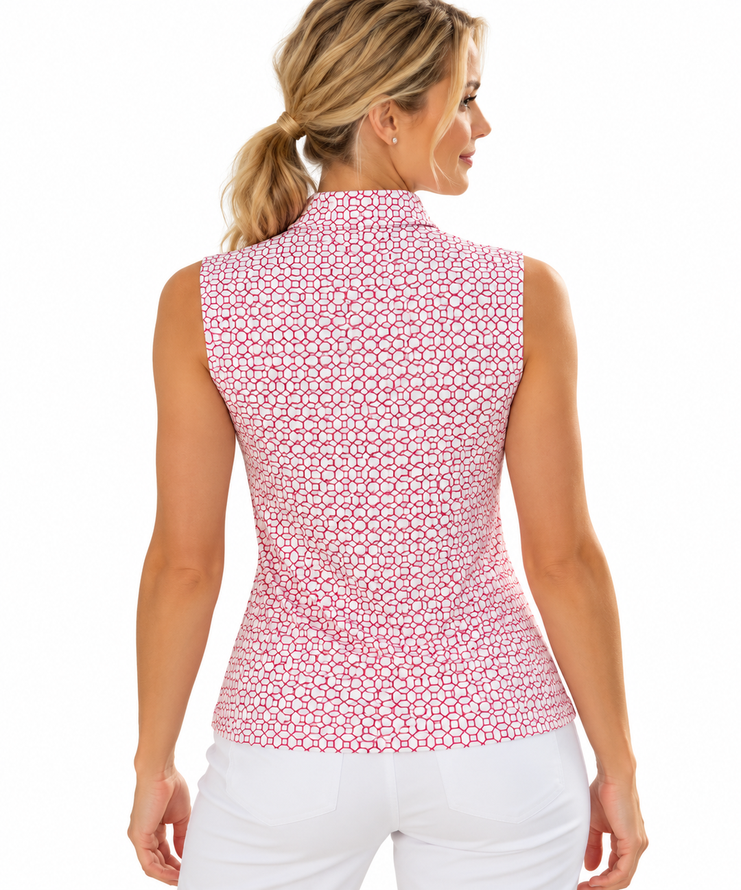 GGBlue Womens Sleeveless Tess Pattern Print Zip Mock - Mod Cherry