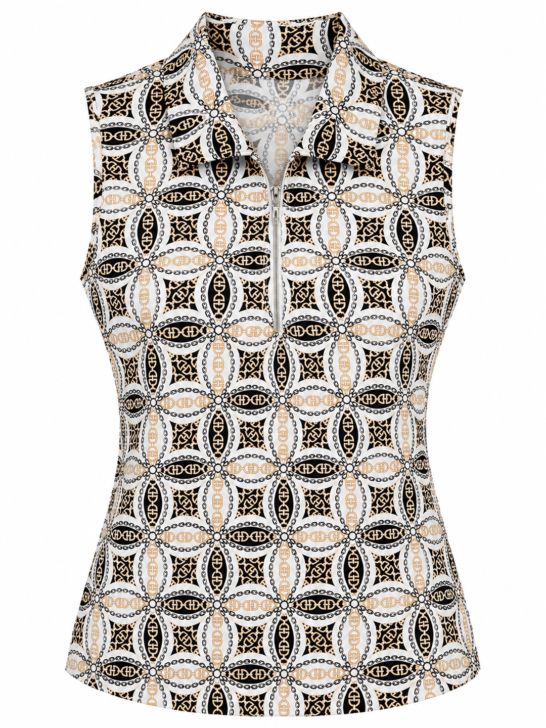 GGBlue Womens Sleeveless Elina Chain Print Zip Polo - White/Multi