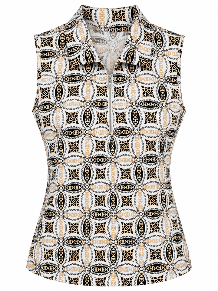 GGBlue Womens Sleeveless Elina Chain Print Zip Polo - White/Multi
