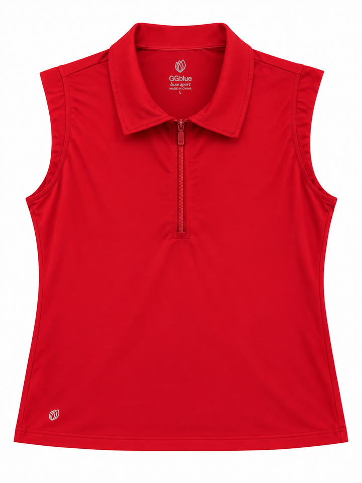 GGBlue Womens Sleeveless Katy Solid Zip Polo - Crimson