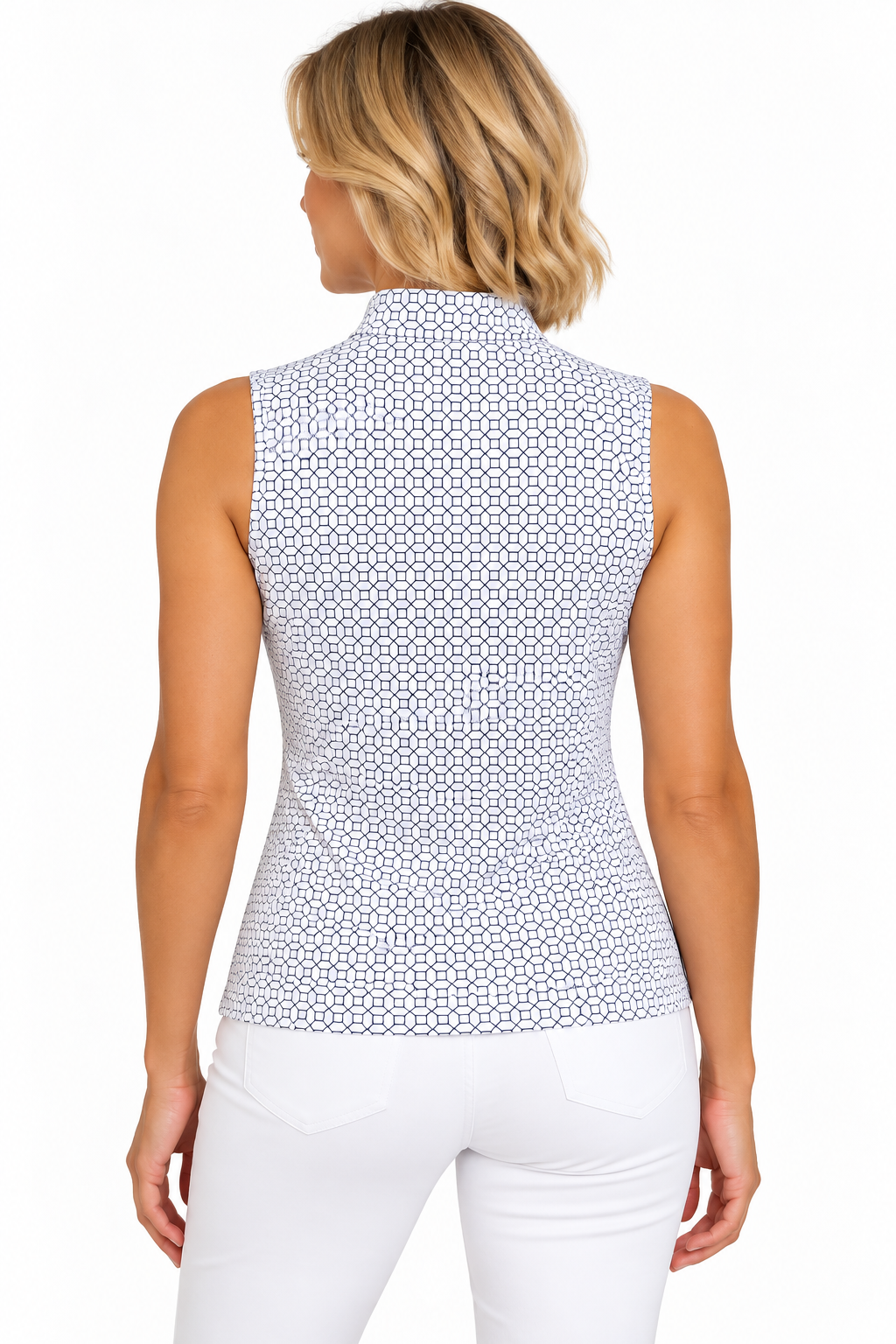 GGBlue Womens Sleeveless Tess Pattern Print Zip Mock - Mod Navy