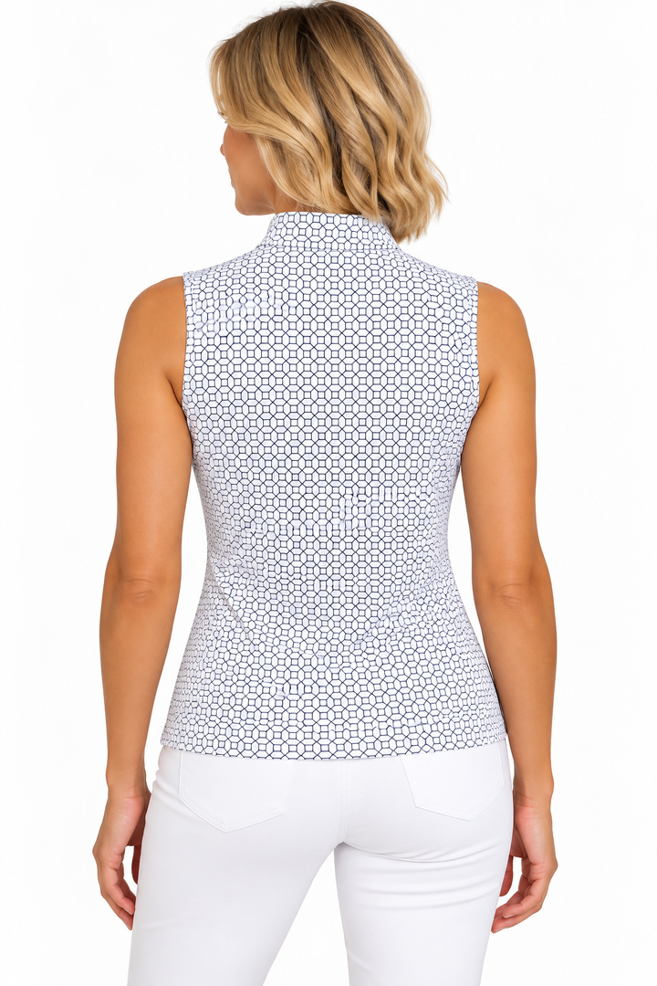 GGBlue Womens Sleeveless Tess Pattern Print Zip Mock - Mod Navy