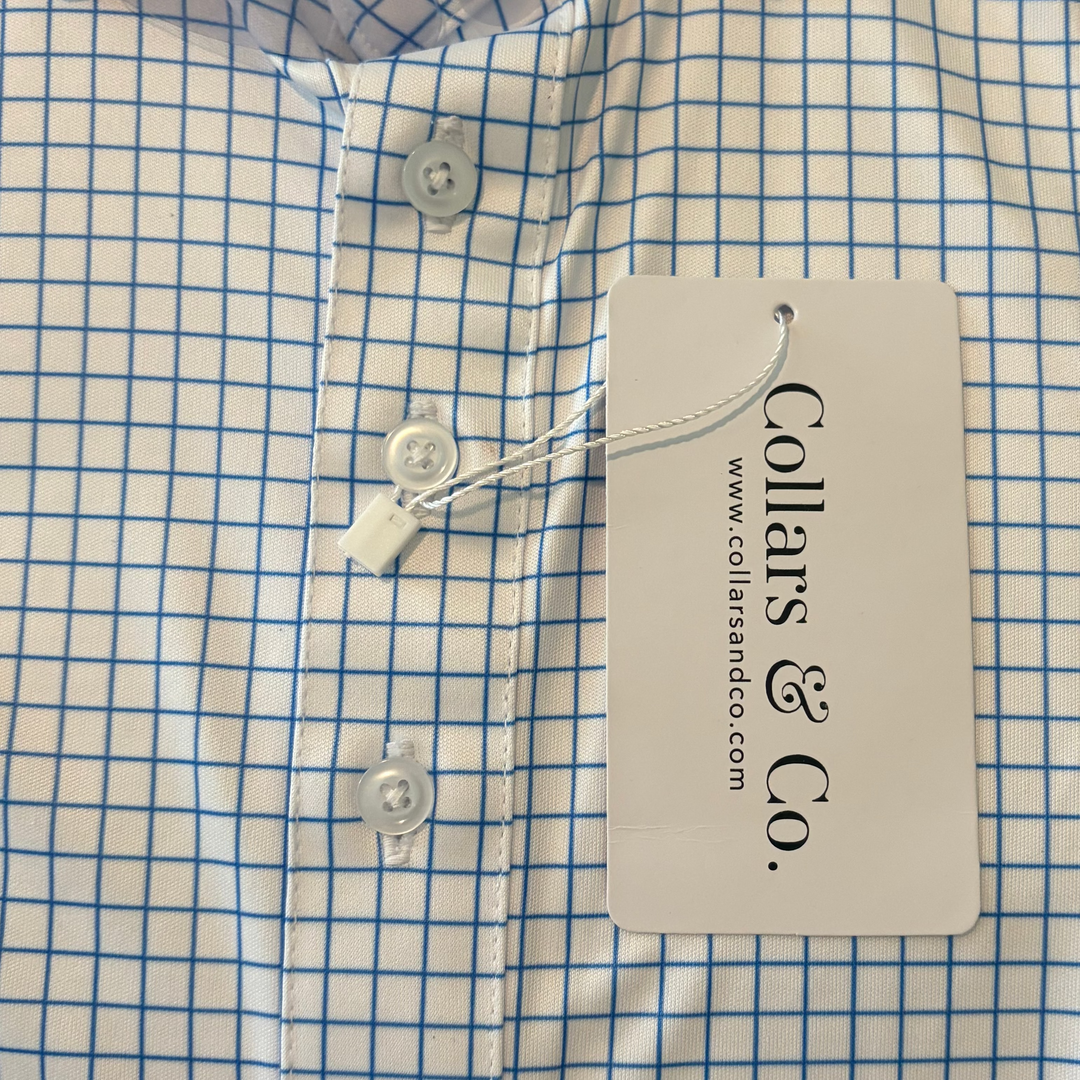 Collars & Co Men's Golf Polo Semi-Spread Collar Thin Blue Check Size L