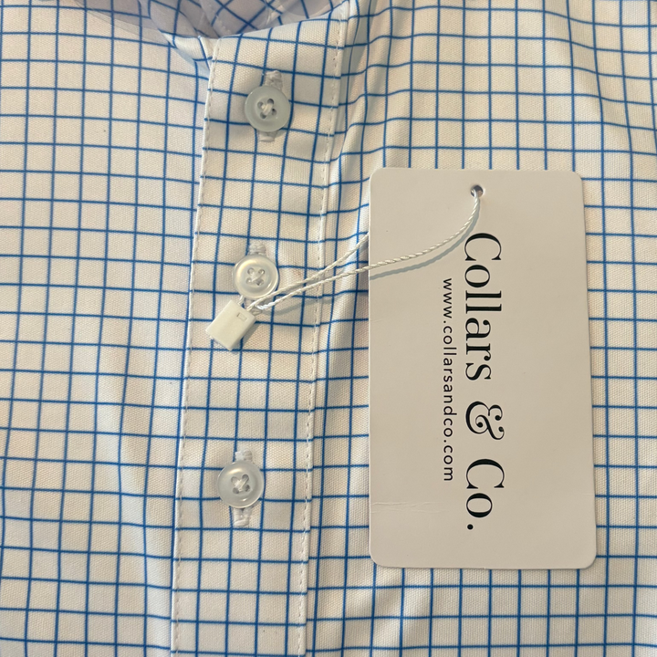 Collars & Co Men's Golf Polo Semi-Spread Collar Thin Blue Check Size L