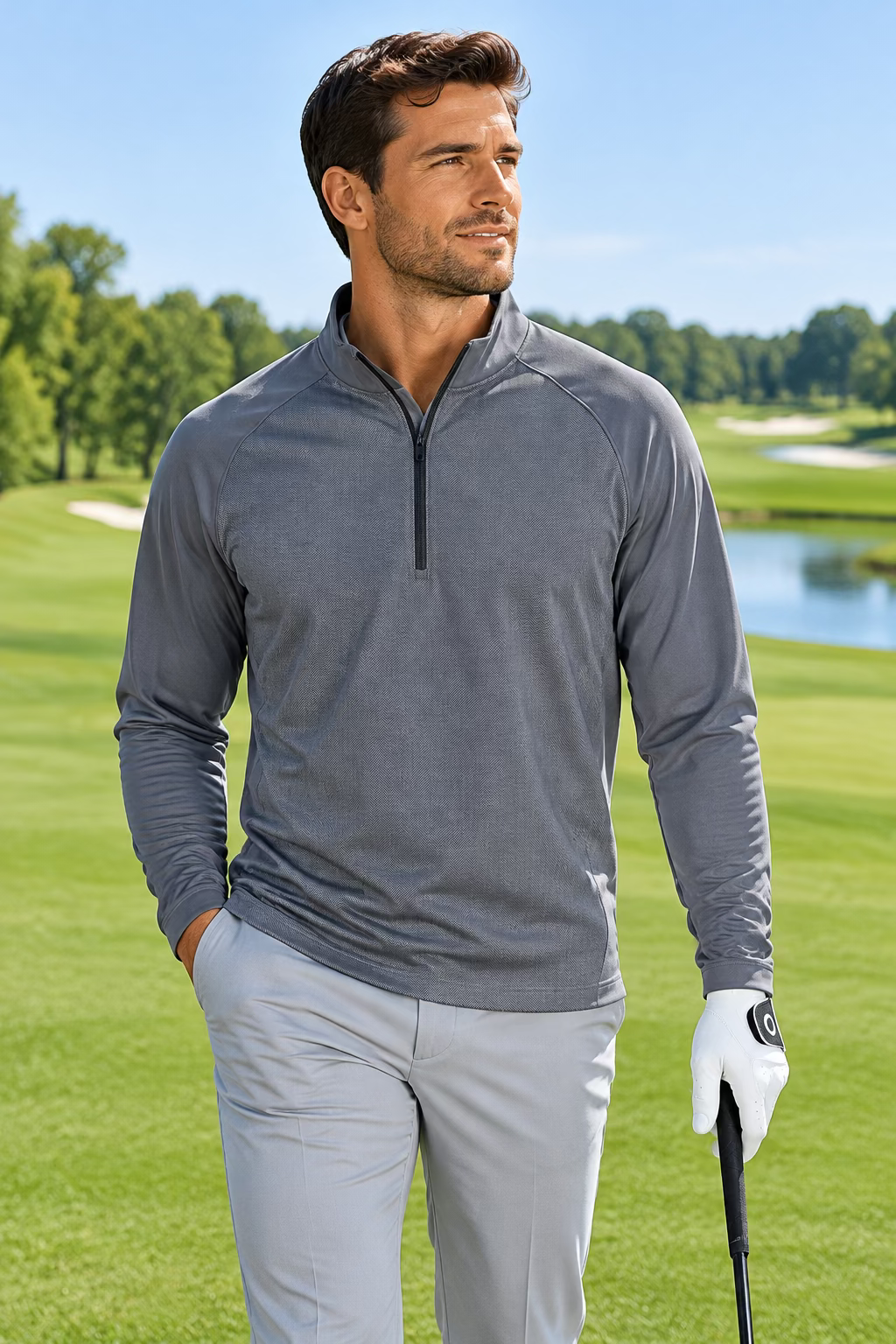 Dunning Mens Long Sleeve Glenberg Herringbone Zip Mock - Anchor