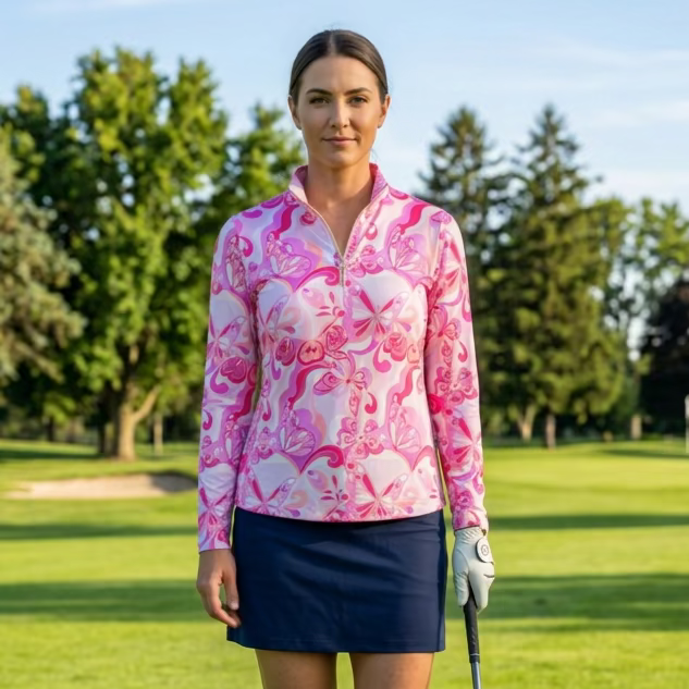 G-Lifestyle Womens Long Sleeve Zip Mock - Pink Papillon - Skorzie