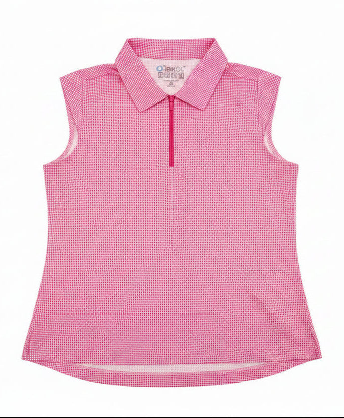 IBKUL Women's Mini Check Sleeveless Zip Polo - Hot Pink/White