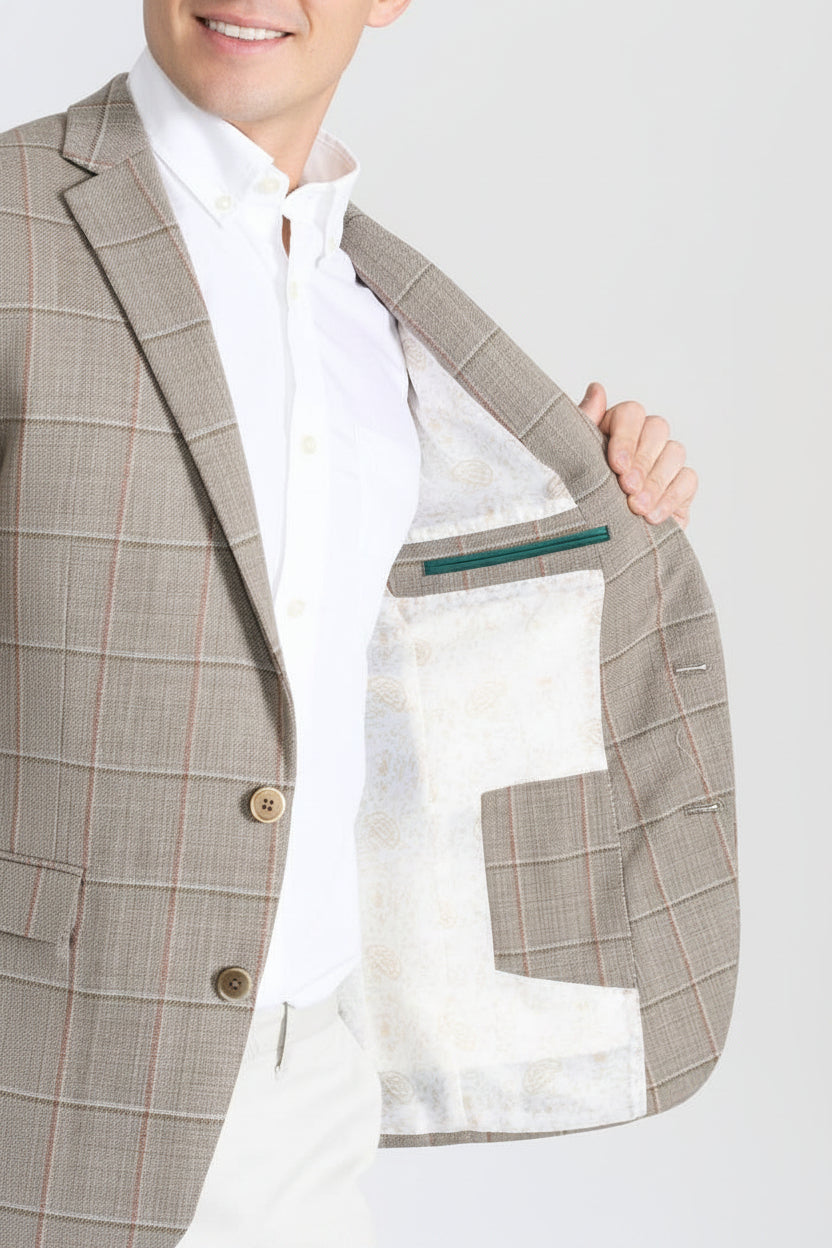 CRICKETEER Windowpane Wool Blend Sport Coat - Tan - 40S - Skorzie