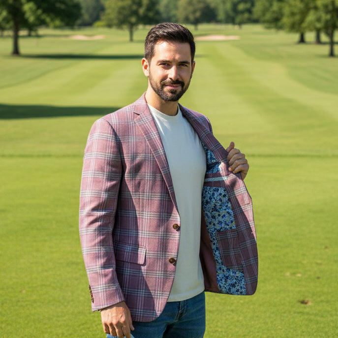 CRICKETEER Plaid Wool Blend Linen Sport Coat - Rose - 44L - Skorzie