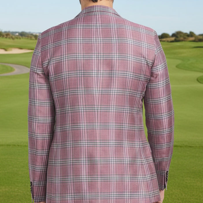 CRICKETEER Plaid Wool Blend Linen Sport Coat - Rose - 44L - Skorzie