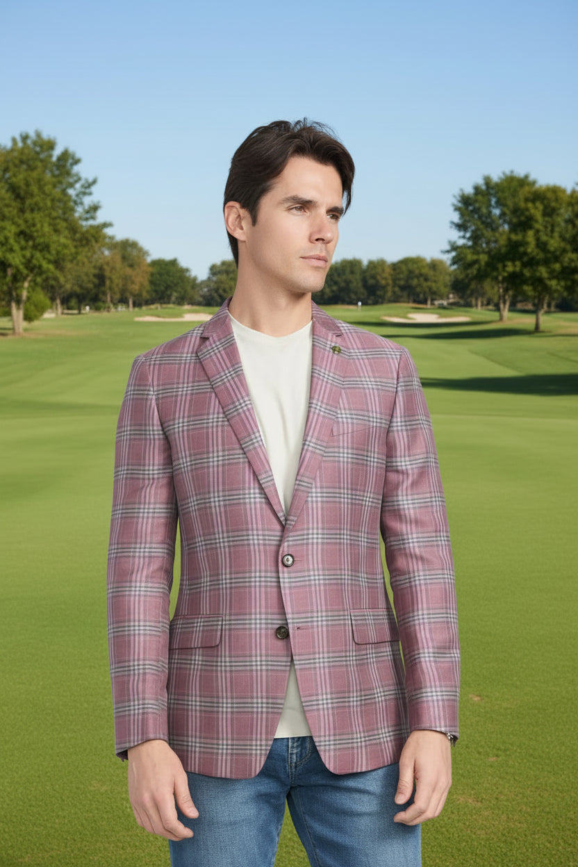 CRICKETEER Plaid Wool Blend Linen Sport Coat - Rose - 44L - Skorzie