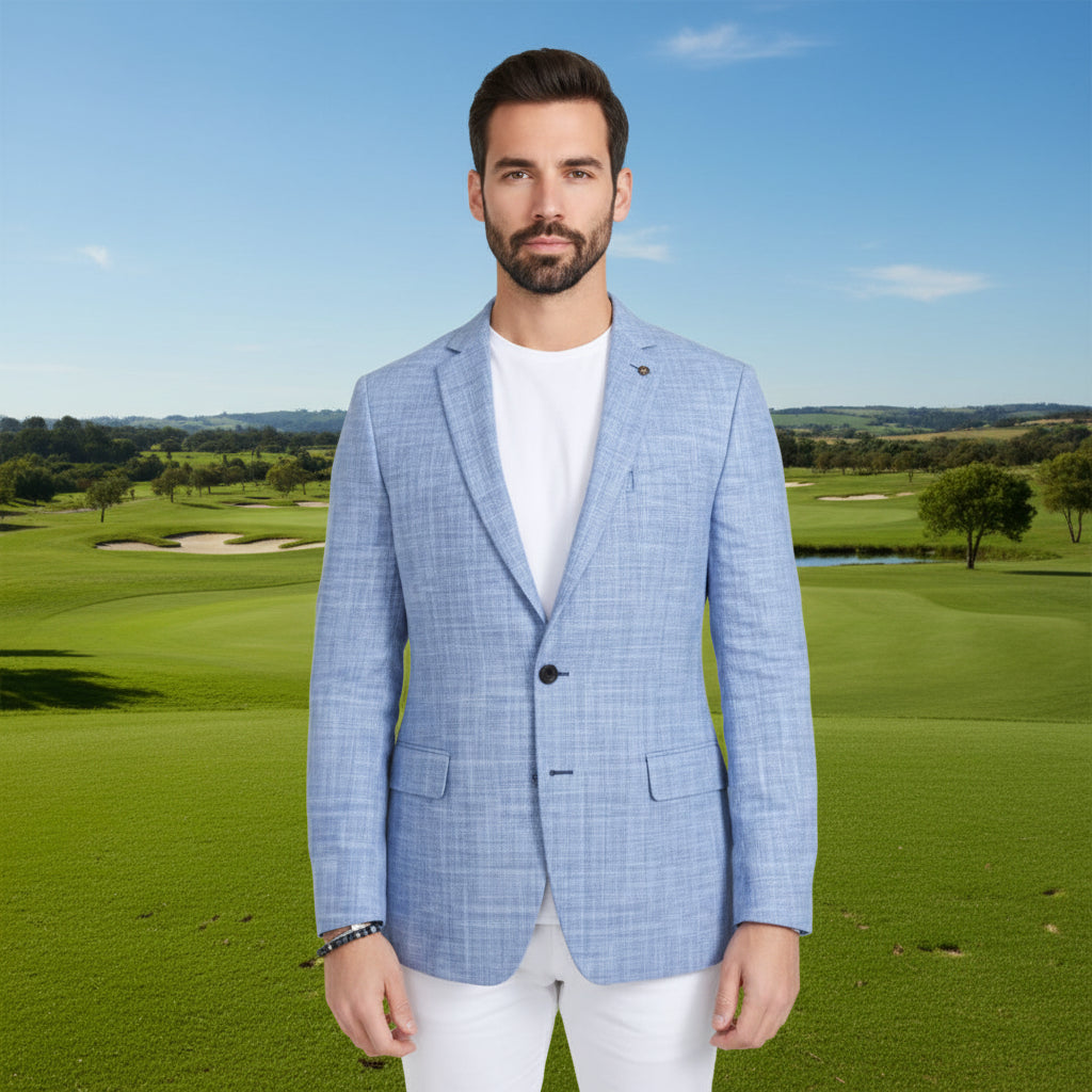 CRICKETEER Glen Plaid Cotton Blend Sport Coat - Light Blue - 40L - Skorzie