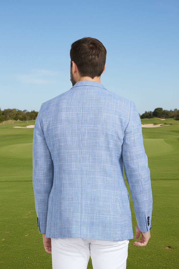 CRICKETEER Glen Plaid Cotton Blend Sport Coat - Light Blue - 40L - Skorzie