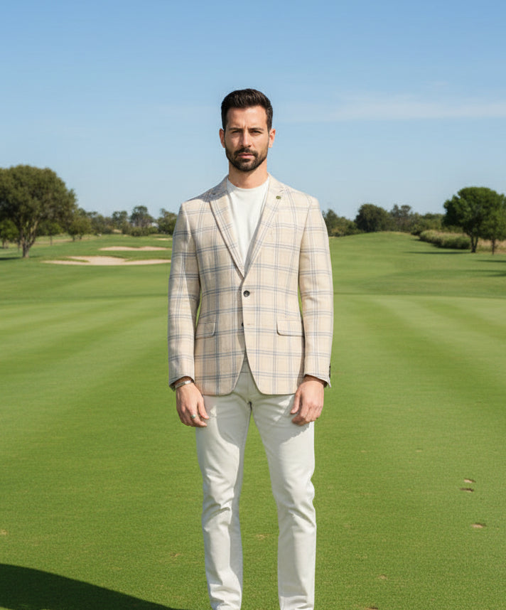CRICKETEER Plaid Cotton Blend Sport Coat - Oatmeal/Blue - 44R - Skorzie