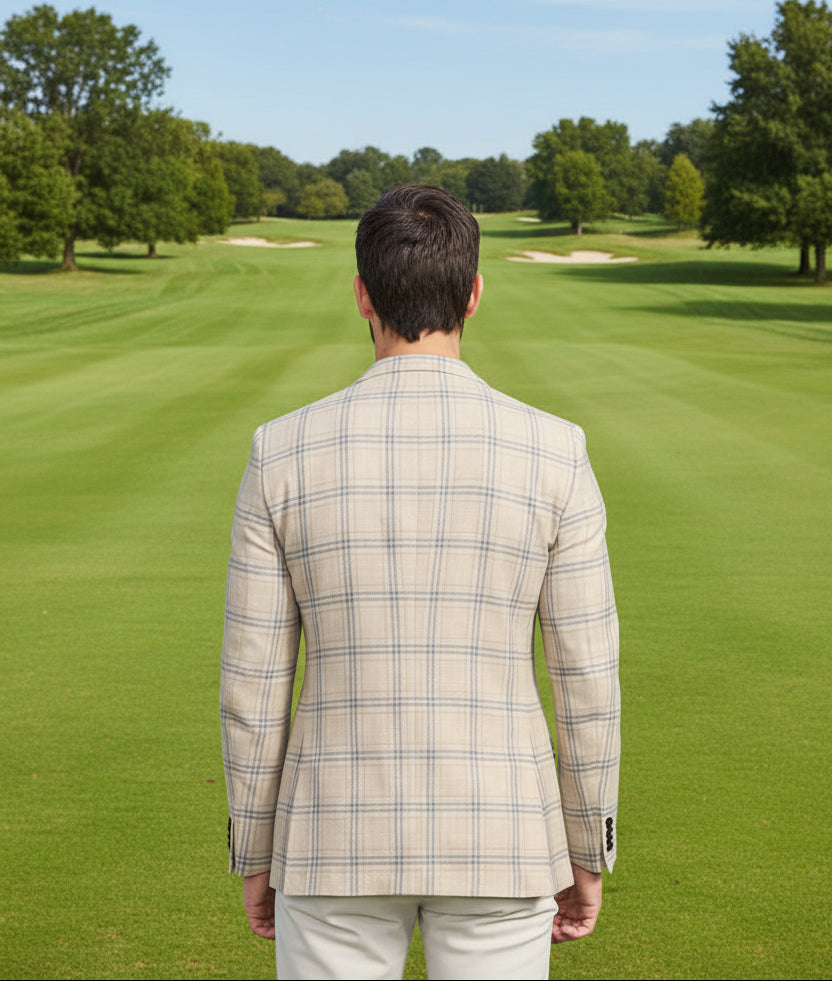 CRICKETEER Plaid Cotton Blend Sport Coat - Oatmeal/Blue - 44R - Skorzie