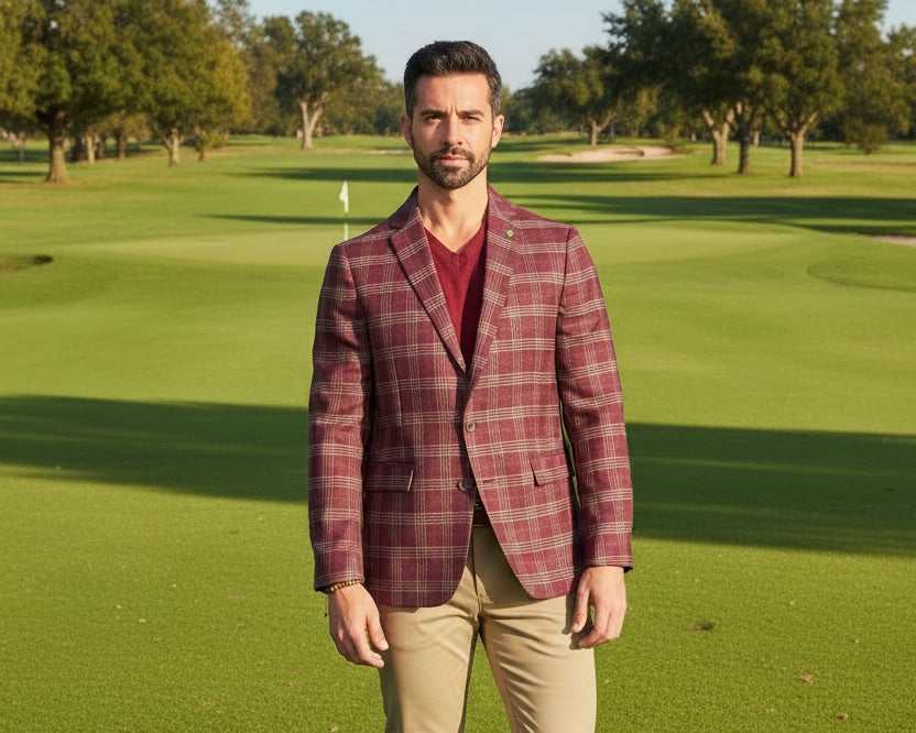 CRICKETEER Rust Plaid Wool Blend Sport Coat - Maroon - 38R - Skorzie