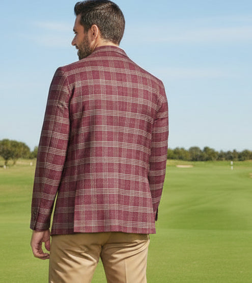 CRICKETEER Rust Plaid Wool Blend Sport Coat - Maroon - 38R - Skorzie
