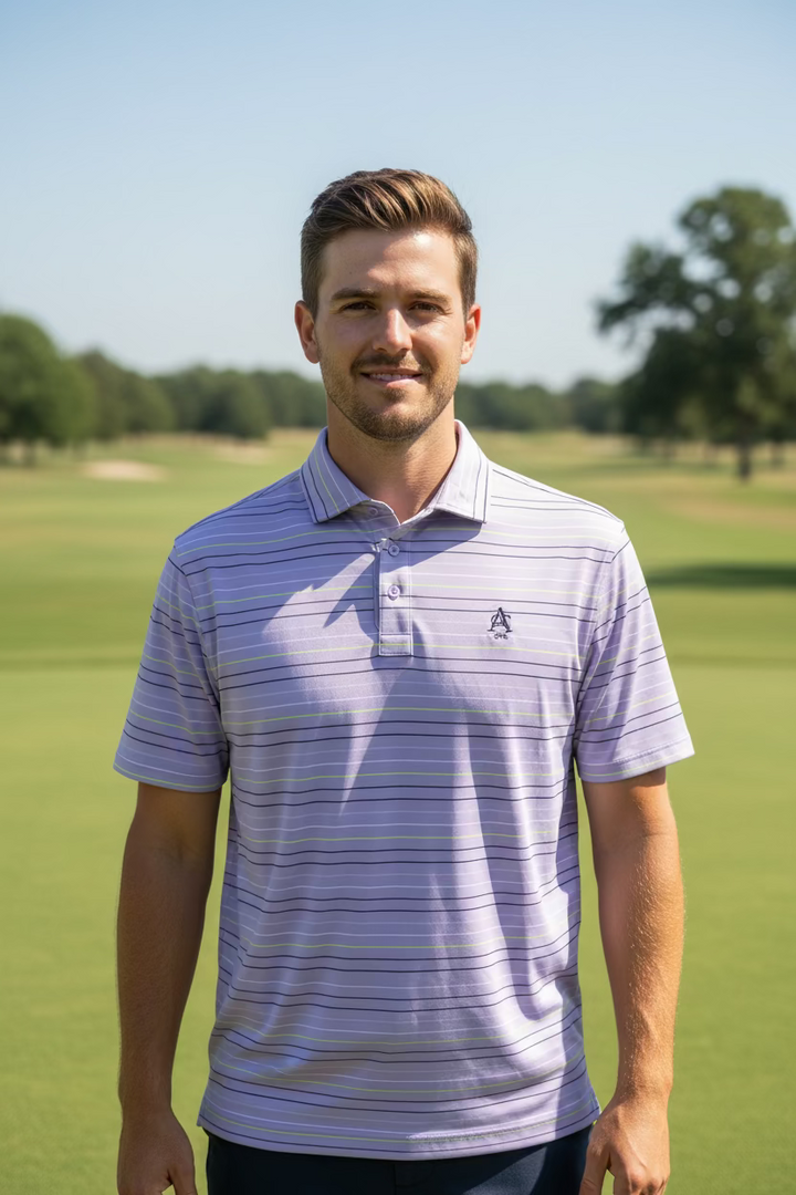 G/FORE Short Sleeve Striped Polo (w/logo) - Iris/Glow - Skorzie