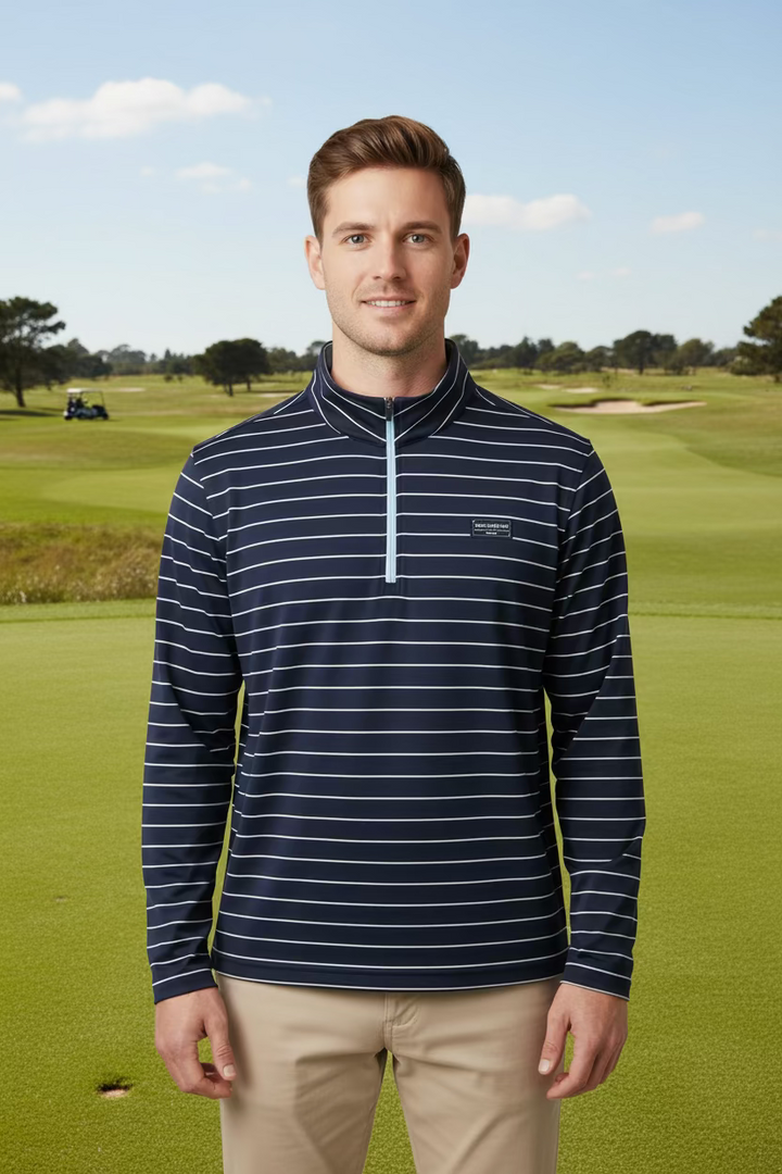 Good Good Golf Quarter Zip Striped Polo - Navy - Skorzie