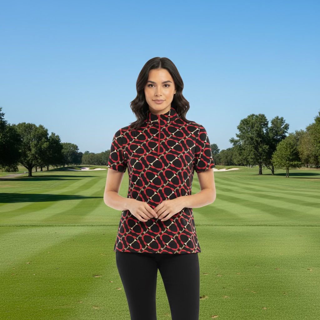 IBKUL Belmount Short Sleeve Zip Polo - Black/Red - Skorzie