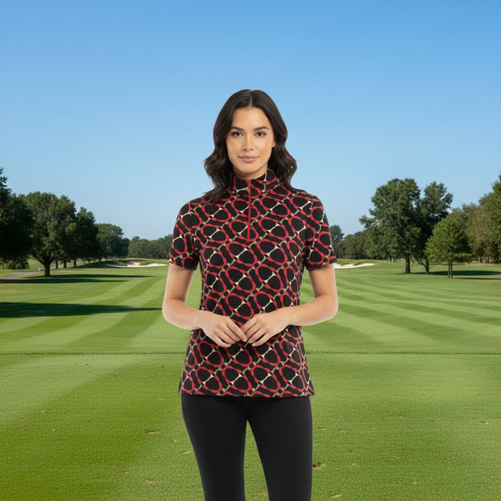 IBKUL Belmount Short Sleeve Zip Polo - Black/Red - Skorzie
