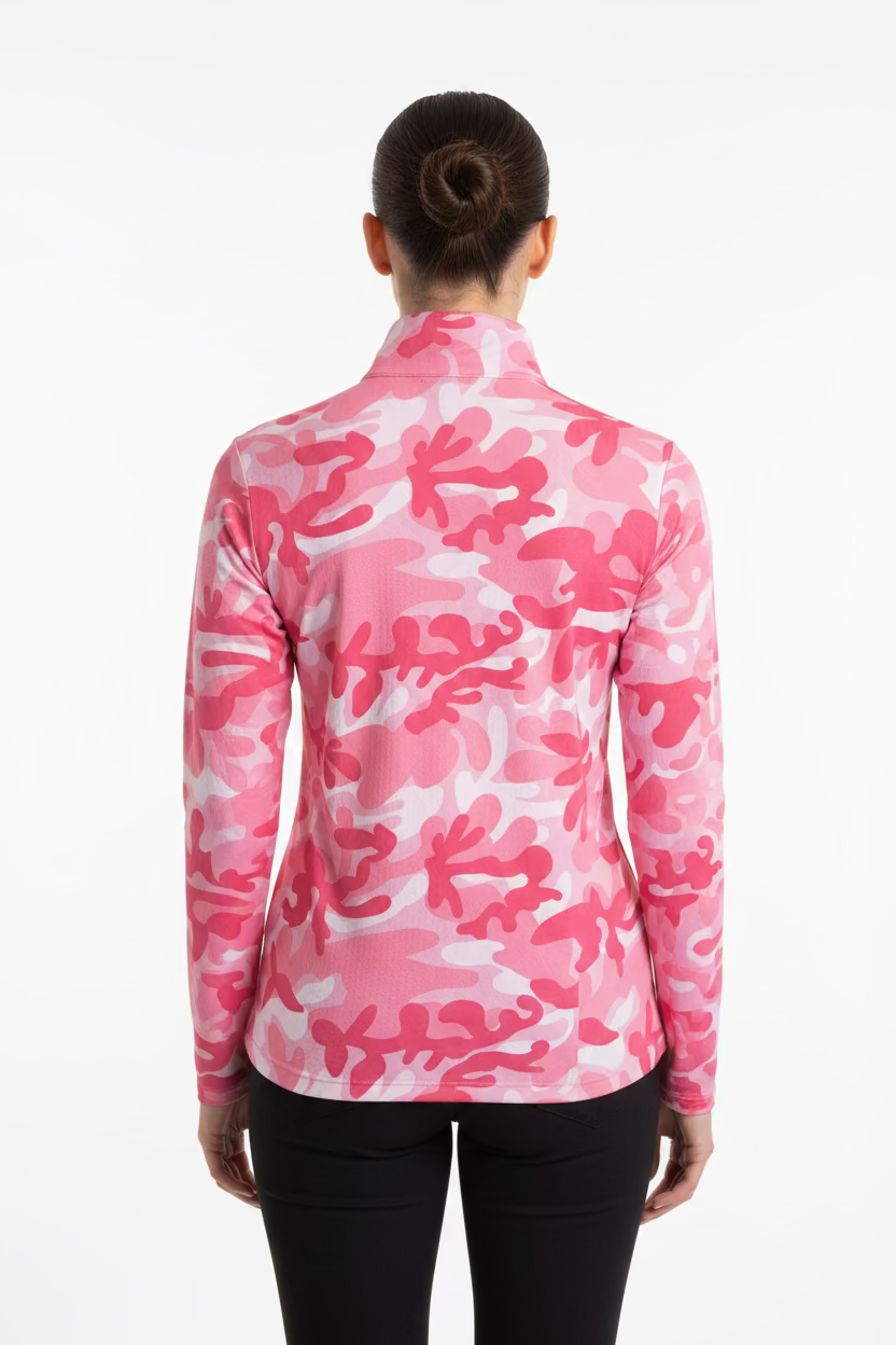 IBKUL Pink Military Long Sleeve Zip Polo - Skorzie