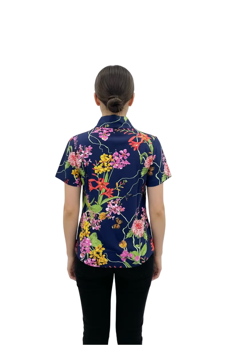 IBKUL Short Sleeve Zip Polo Top - Navy Floral - Skorzie