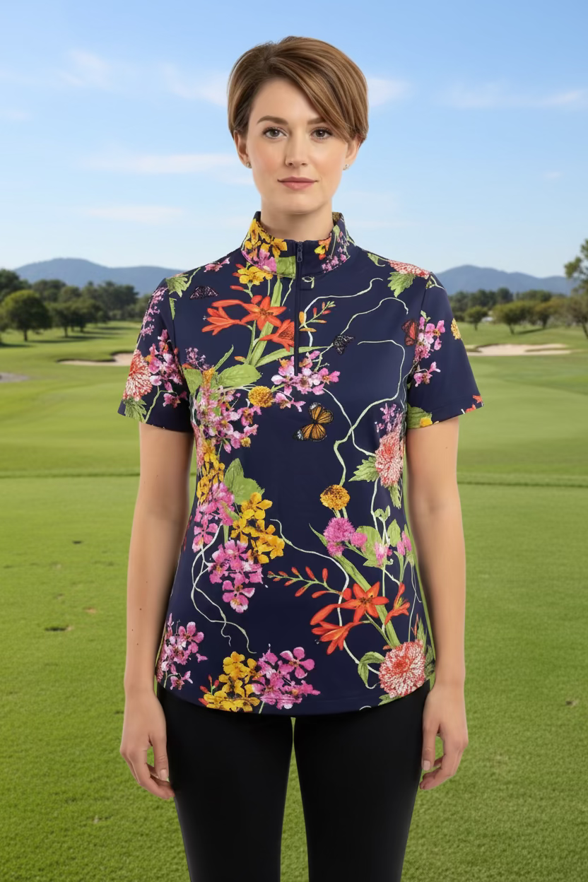 IBKUL Short Sleeve Zip Polo Top - Navy Floral - Skorzie