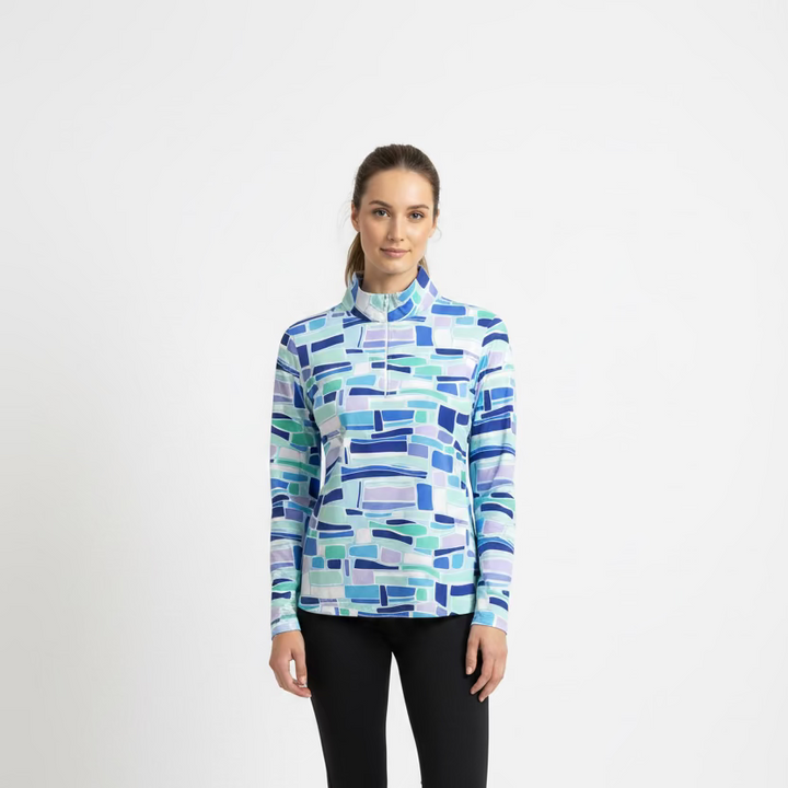 IBKUL Abstract Pattern Long Sleeve Zip Polo - Jade/Lavender - Skorzie