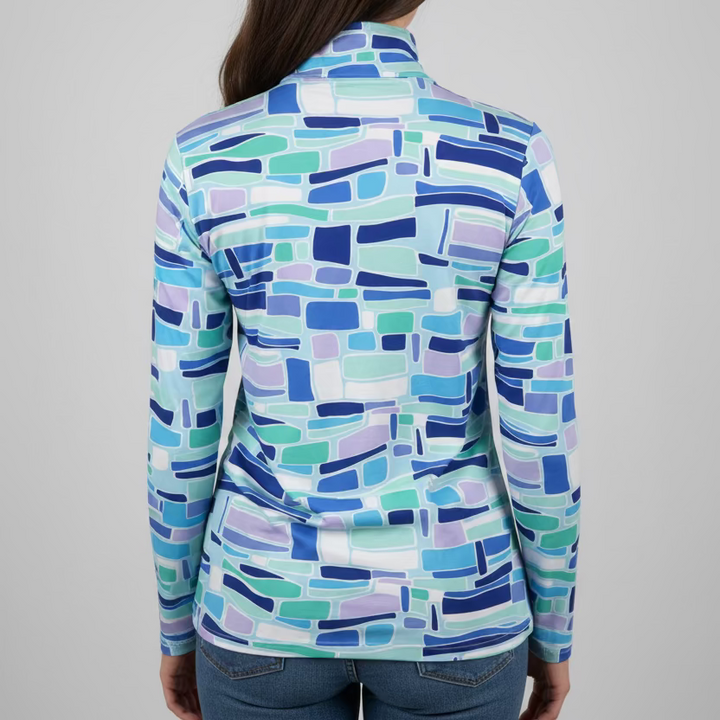 IBKUL Abstract Pattern Long Sleeve Zip Polo - Jade/Lavender - Skorzie
