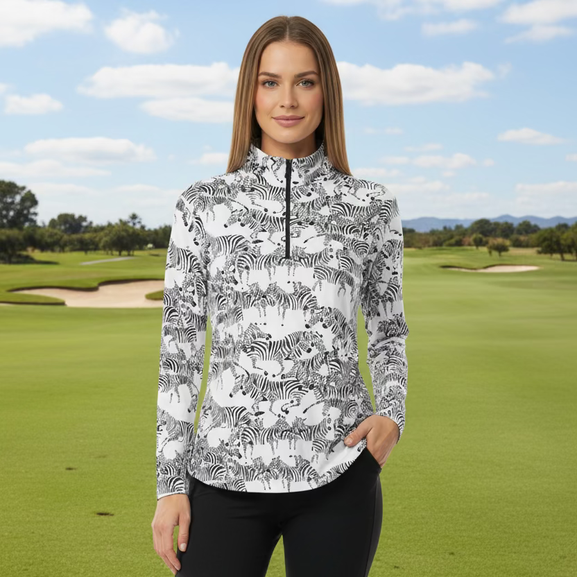 IBKUL Zebra Long Sleeve Zip Polo Top - Black/White - Skorzie