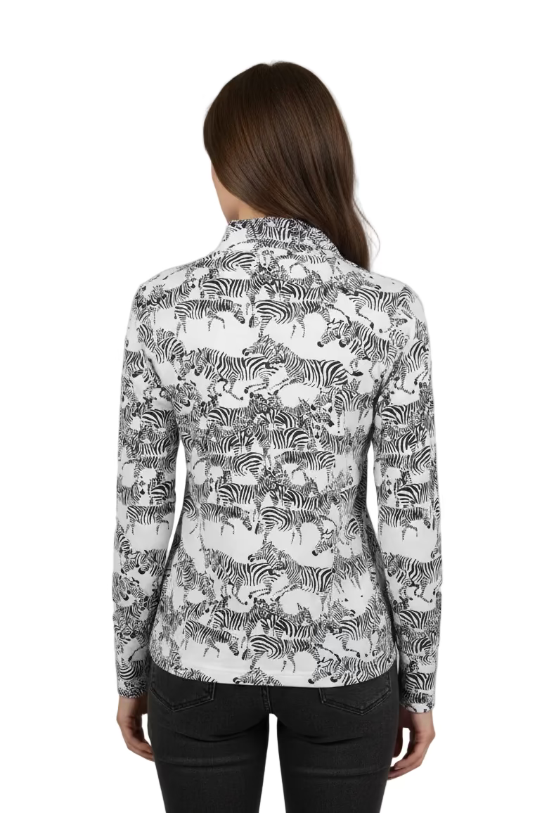 IBKUL Zebra Long Sleeve Zip Polo Top - Black/White - Skorzie