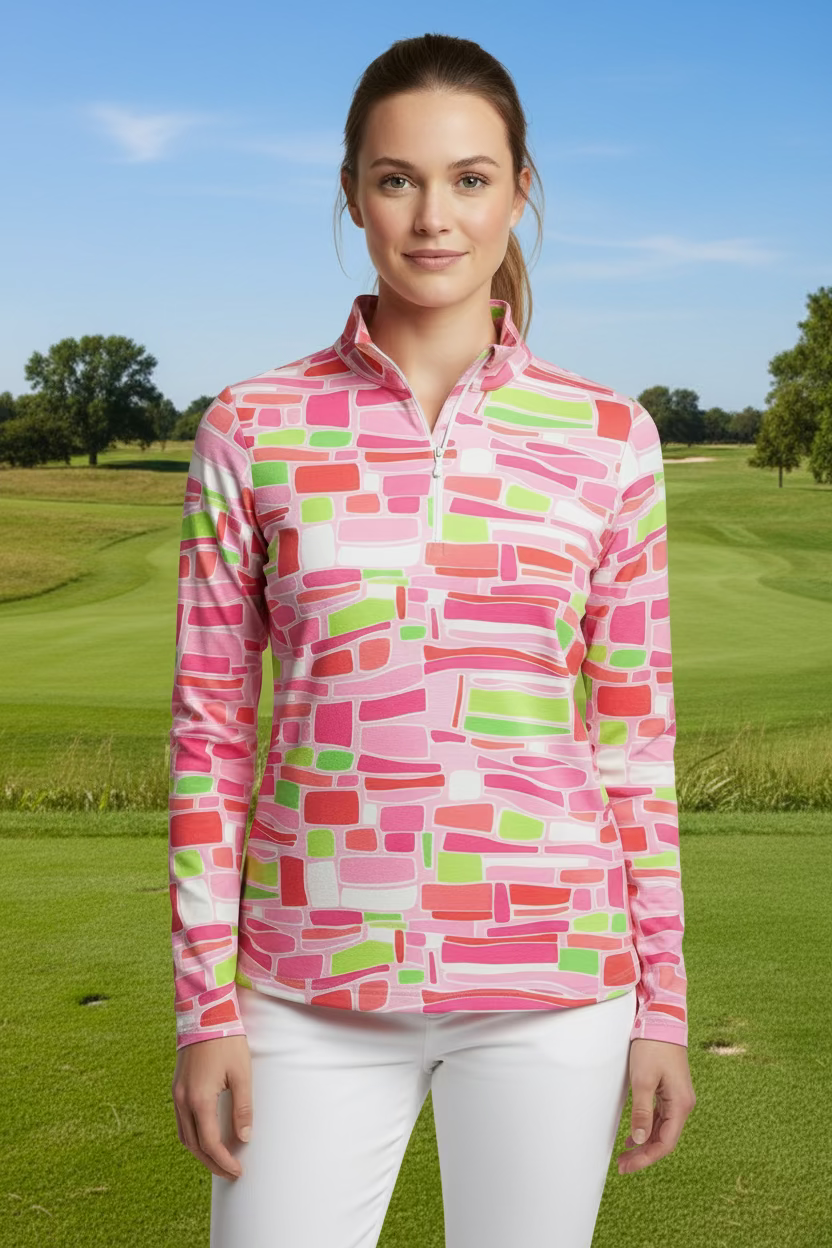 IBKUL Abstract Pattern Long Sleeve Zip Polo - Pink/Green - Skorzie
