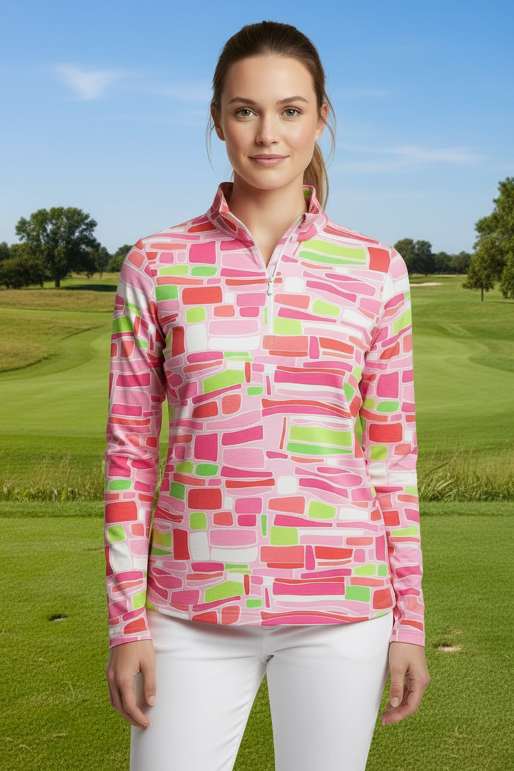 IBKUL Abstract Pattern Long Sleeve Zip Polo - Pink/Green - Skorzie