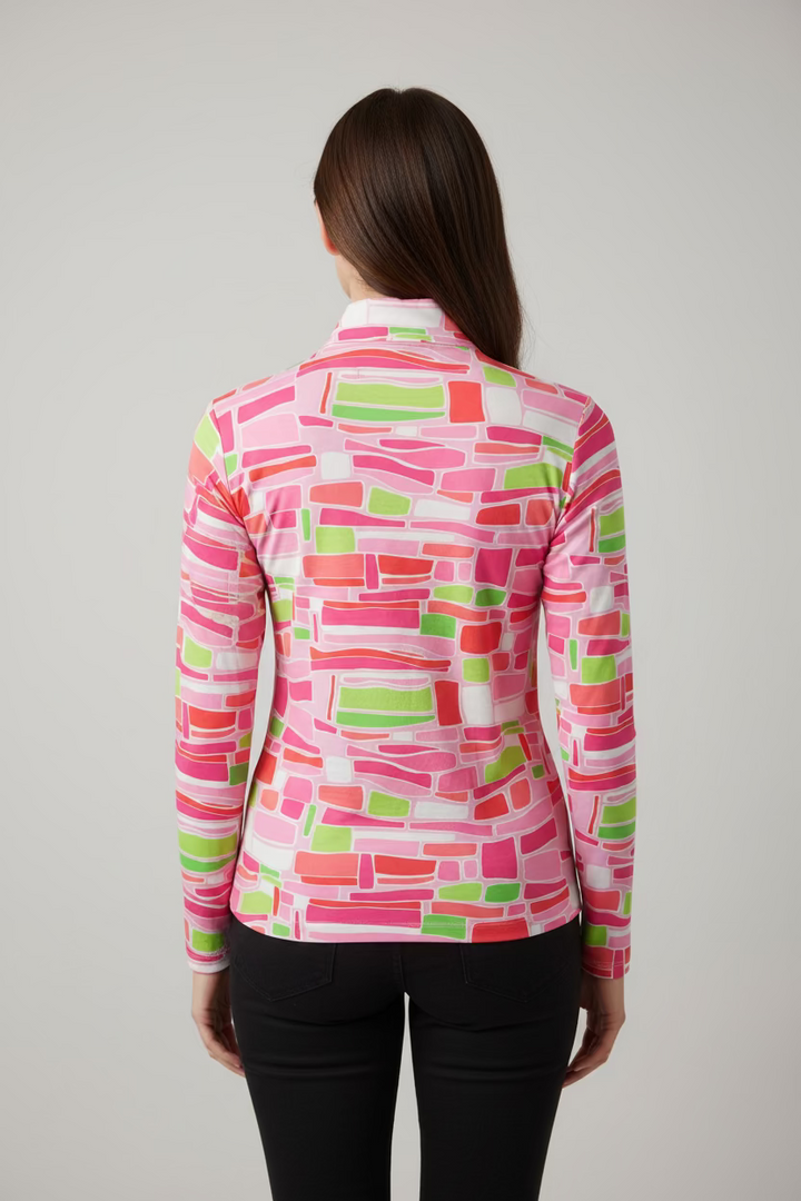 IBKUL Abstract Pattern Long Sleeve Zip Polo - Pink/Green - Skorzie