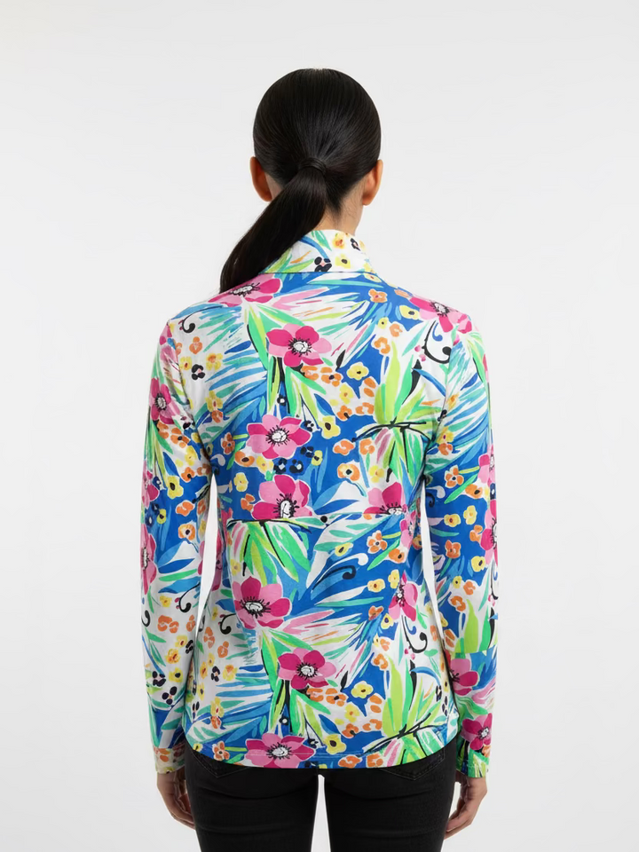 IBKUL Floral Garden Long Sleeve Zip Polo Top - Skorzie