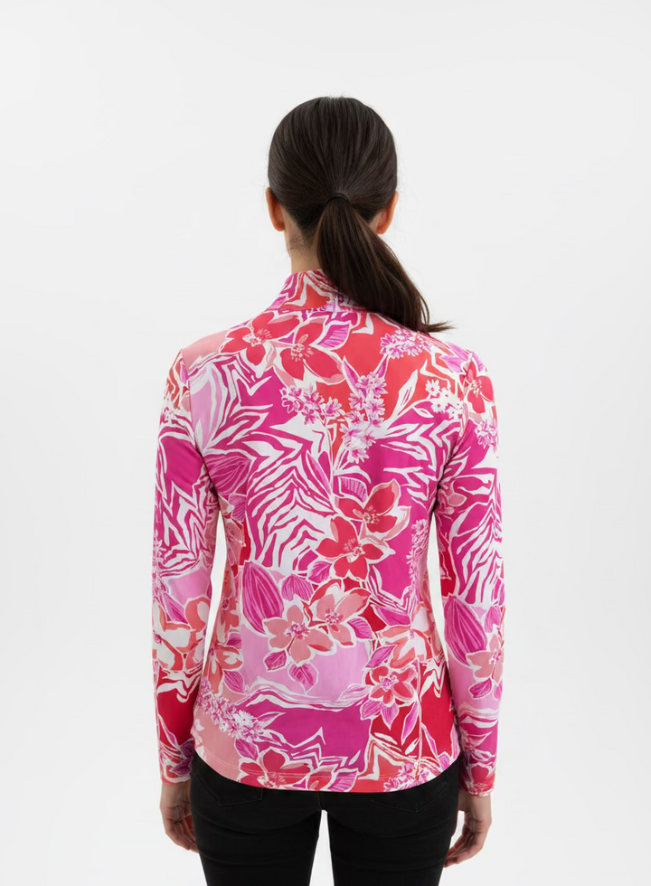 IBKUL Tropicana Long Sleeve Zip Polo Top - Pink - Skorzie