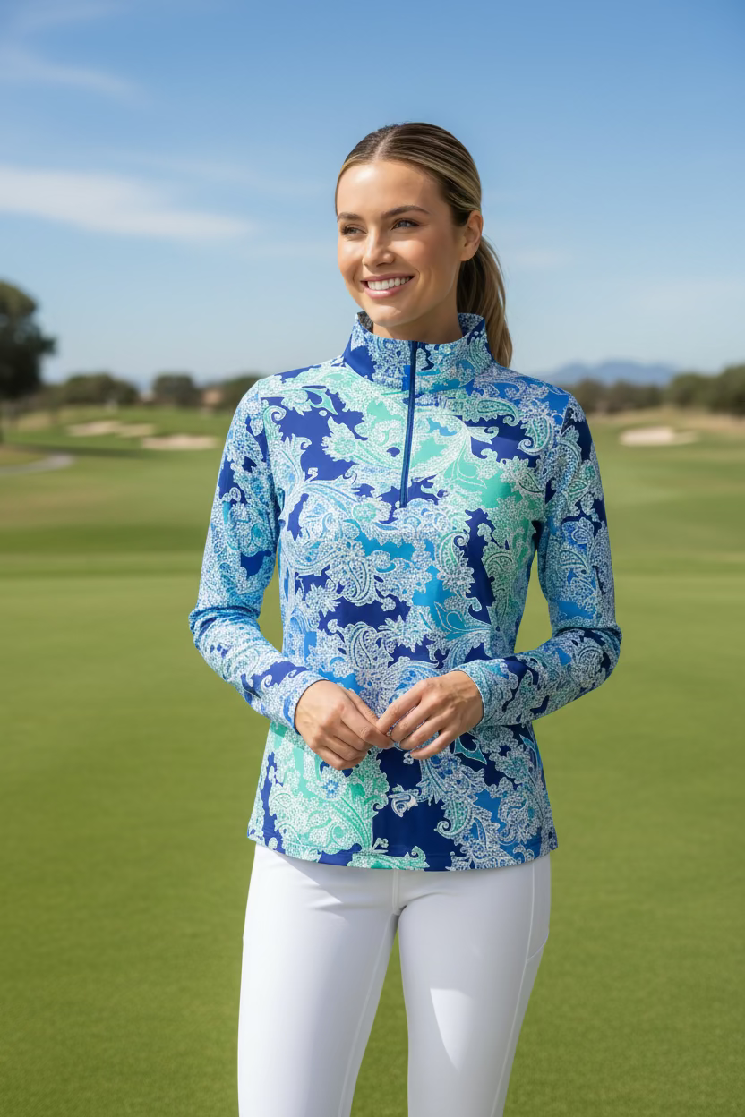 IBKUL Pascha Floral Long Sleeve Zip Polo Top - Blue Lagoon - Skorzie