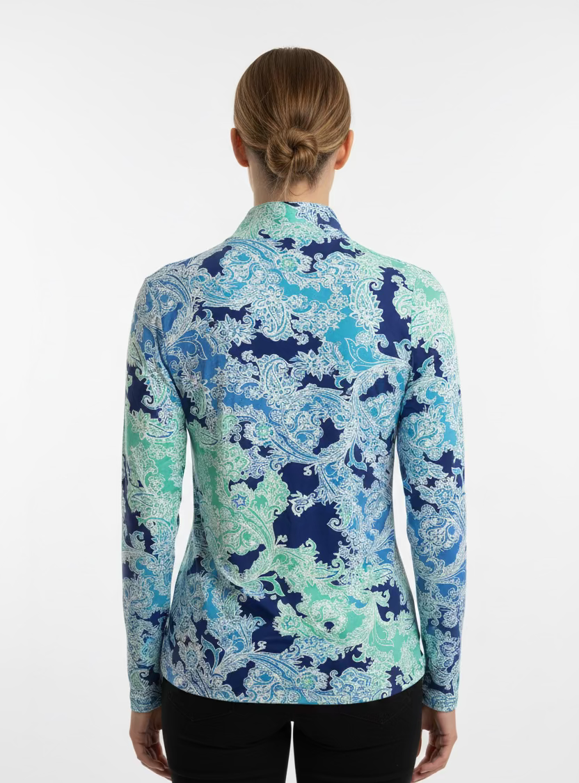 IBKUL Pascha Floral Long Sleeve Zip Polo Top - Blue Lagoon - Skorzie