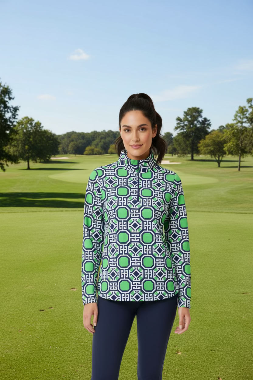 IBKUL Classic Key Long Sleeve Zip Polo - Blue/Green - Skorzie