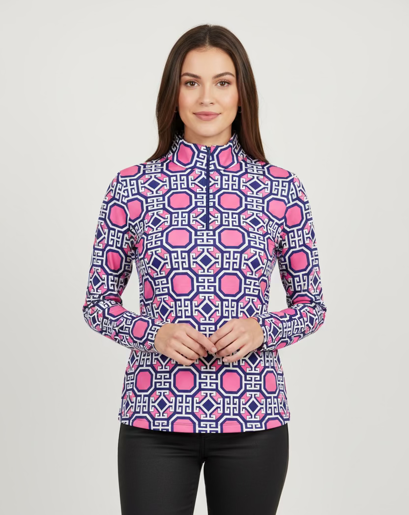 IBKUL Classic Key Long Sleeve Zip Polo - Pink - Skorzie