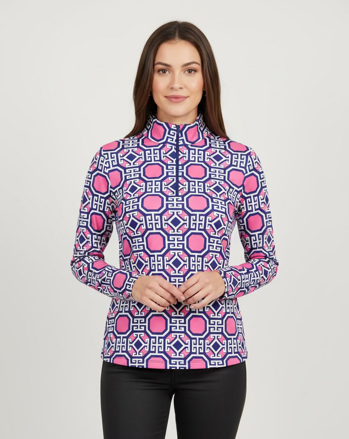 IBKUL Classic Key Long Sleeve Zip Polo - Pink - Skorzie