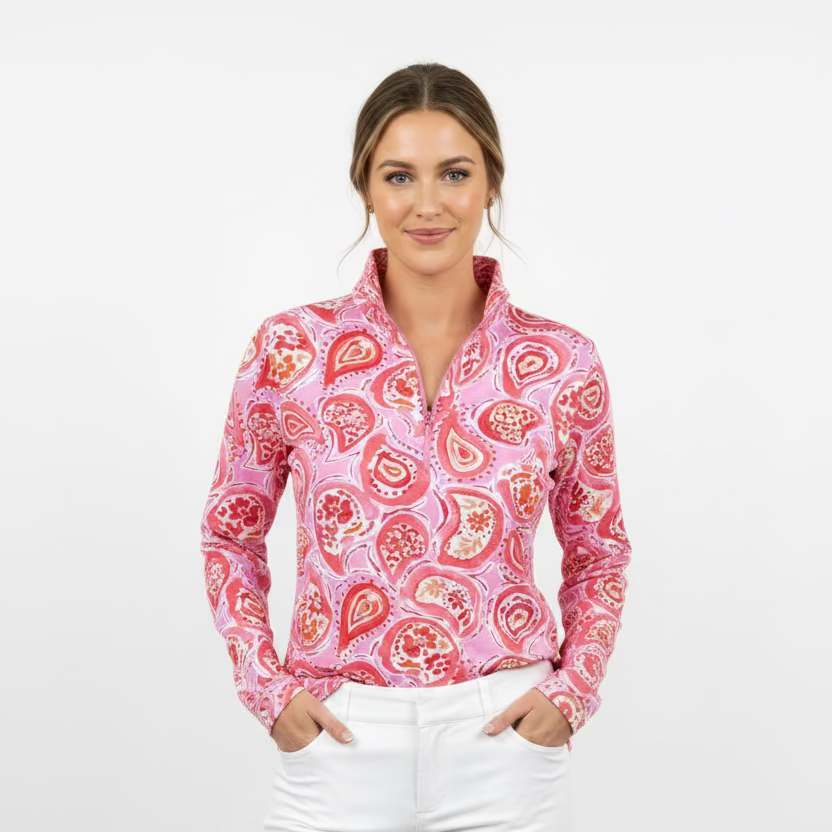 IBKUL Paisley Rose Long Sleeve Zip Polo Top - Light Pink - Skorzie