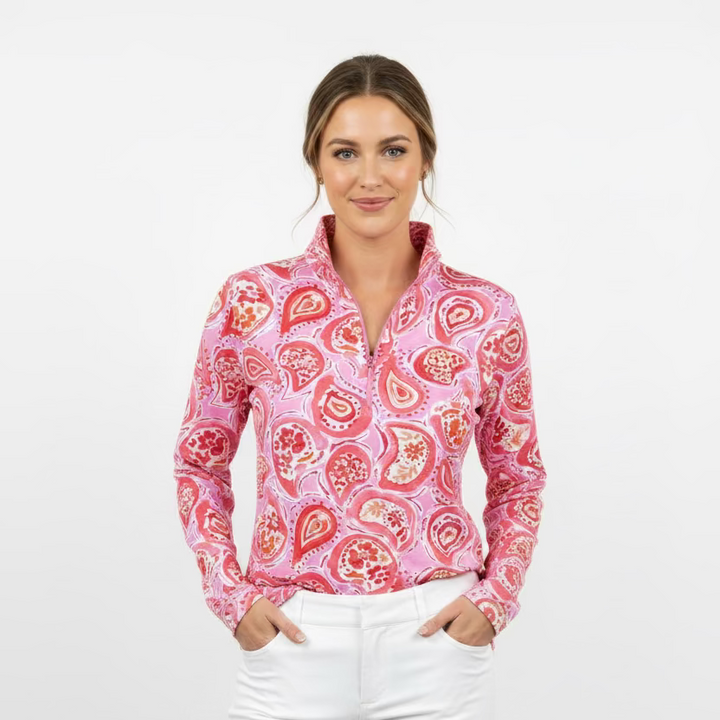 IBKUL Paisley Rose Long Sleeve Zip Polo Top - Light Pink - Skorzie